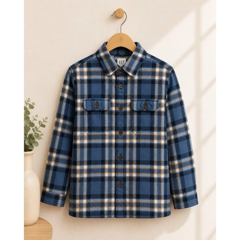 Gap Kids Boys Shacket size L Blue Plaid Flannel Shirt Jacket Jersey Lined preppy